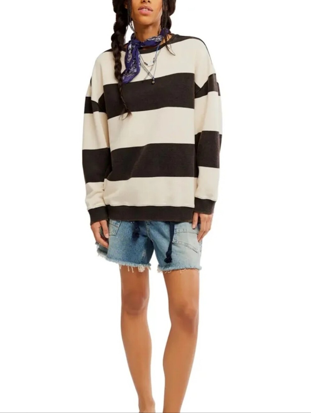 We The Free Classic Striped Oversized Crewneck - Black Combo M